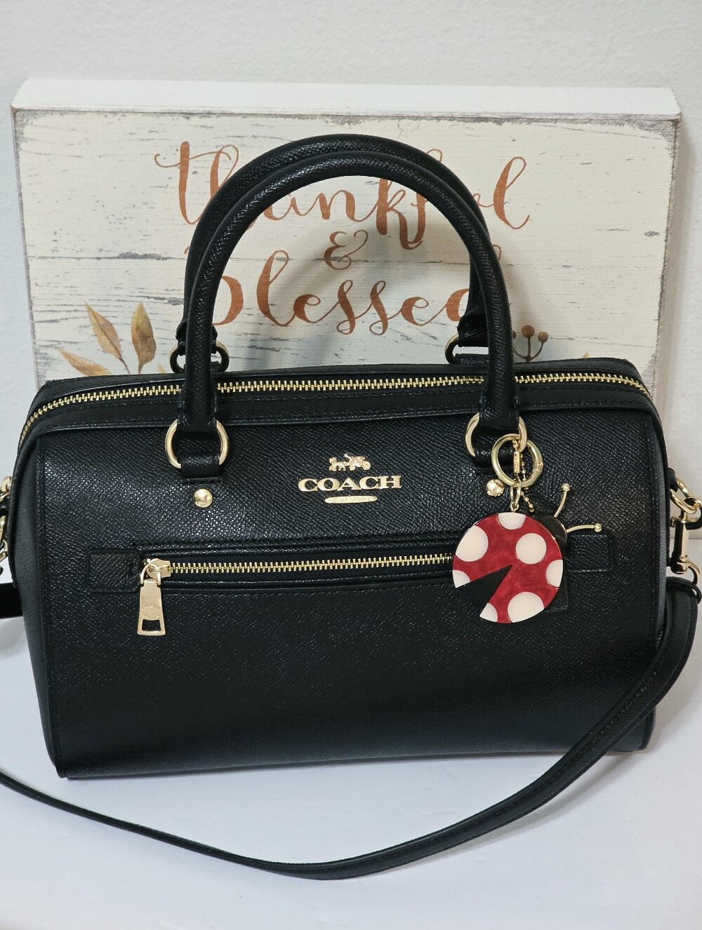 Coach Rowan BLACK Gold Medium Crossbody Bag Crossgrain Leather Shoulder Purse 🐞